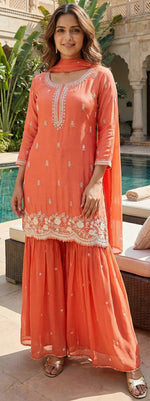 Premium chinon with heavy hand work sharara suit set in peach