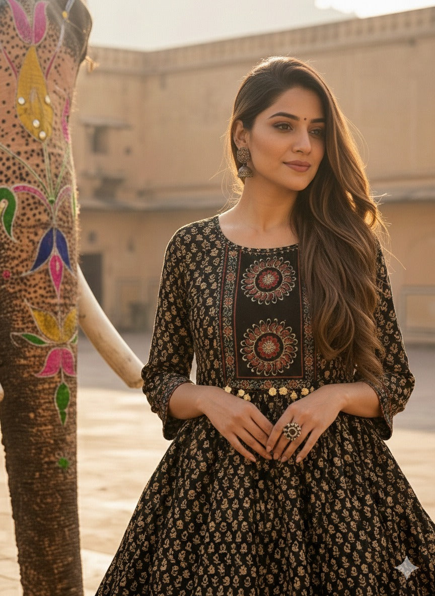 Smart cotton ajrakh gown in black