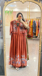 Pure cotton embroidered and applique digital printed gown paired with a detachable jacket