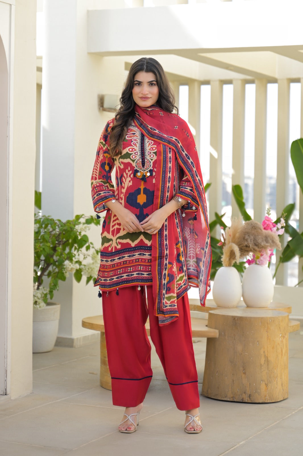 Pure crepe embroidered digital printed full suit set paired with Farsi salwar