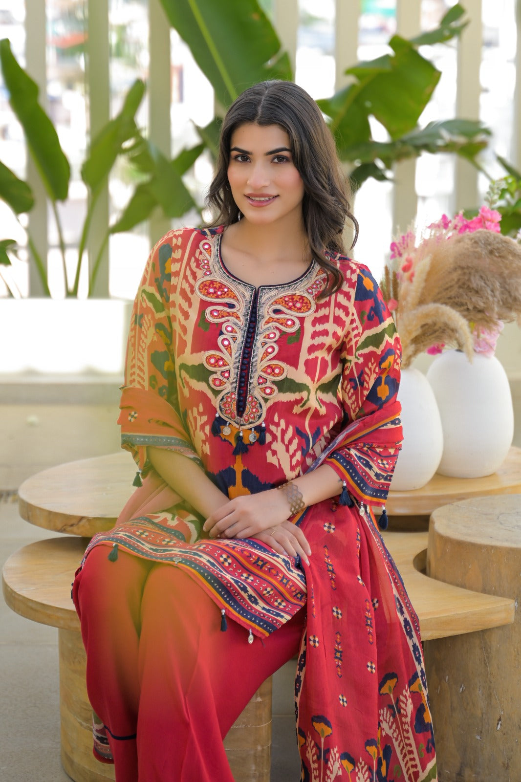 Pure crepe embroidered digital printed full suit set paired with Farsi salwar