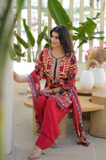 Pure crepe embroidered digital printed full suit set paired with Farsi salwar