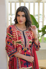 Pure crepe embroidered digital printed full suit set paired with Farsi salwar