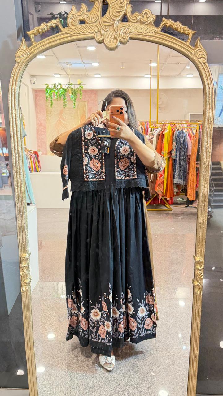 Pure cotton embroidered and applique digital printed gown paired with a detachable jacket