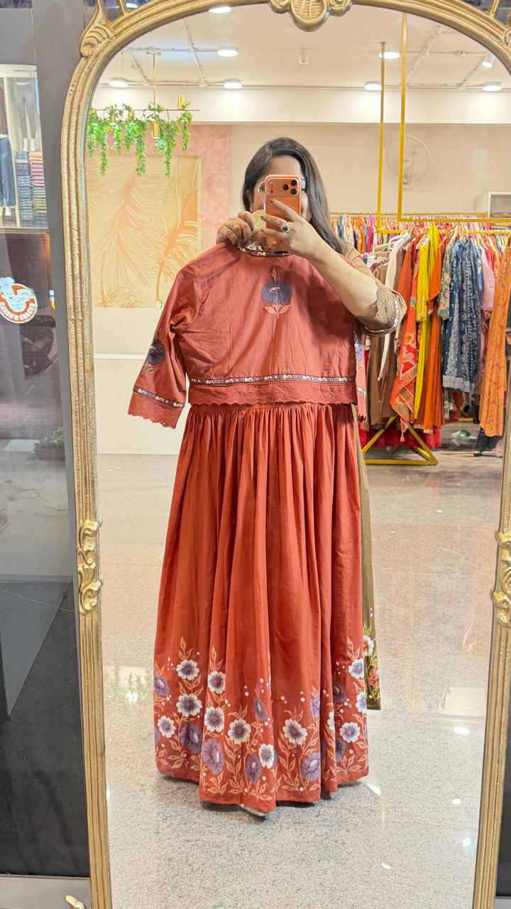 Pure cotton embroidered and applique digital printed gown paired with a detachable jacket