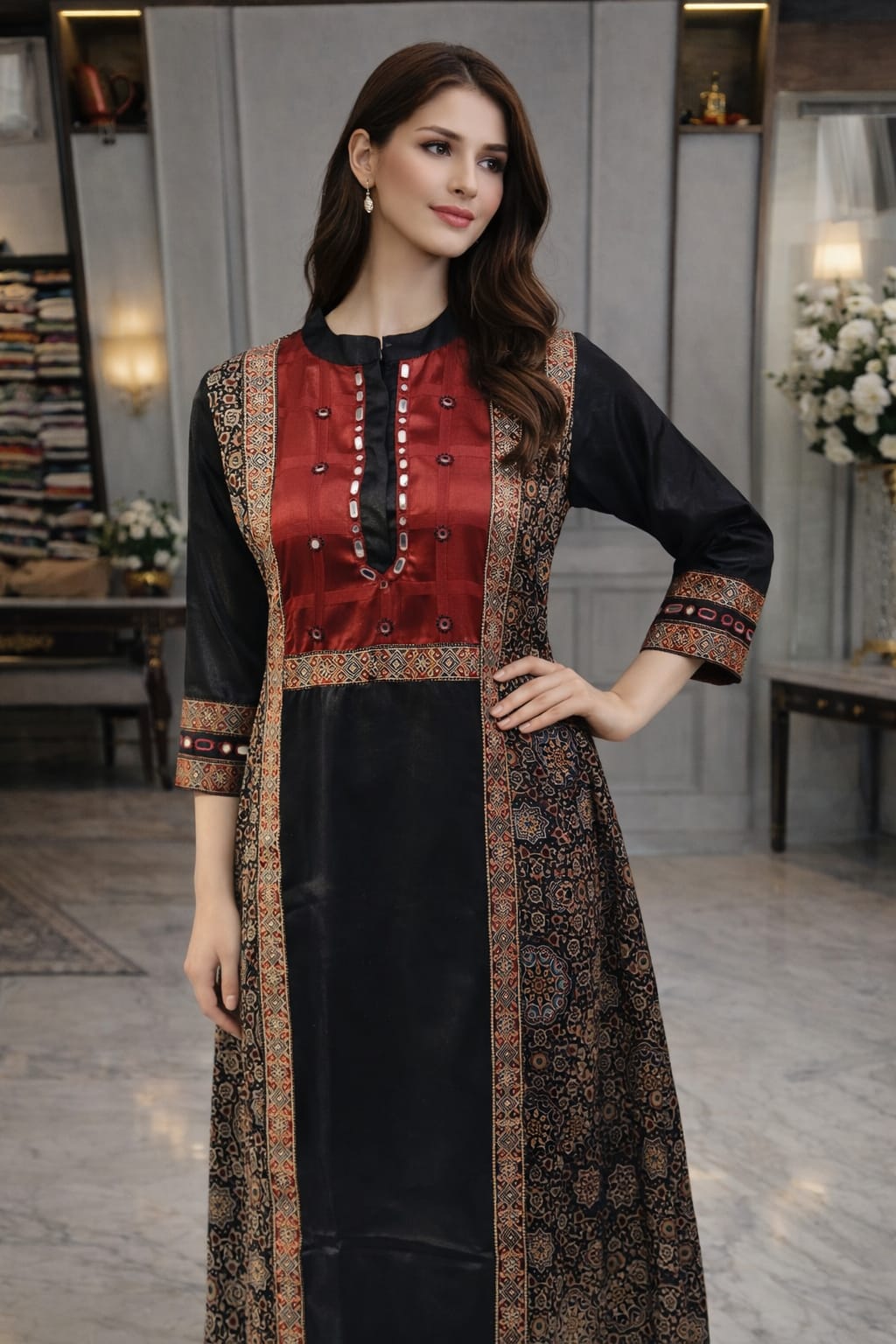 Premium gaji silk kurti in ajrakh in black n red