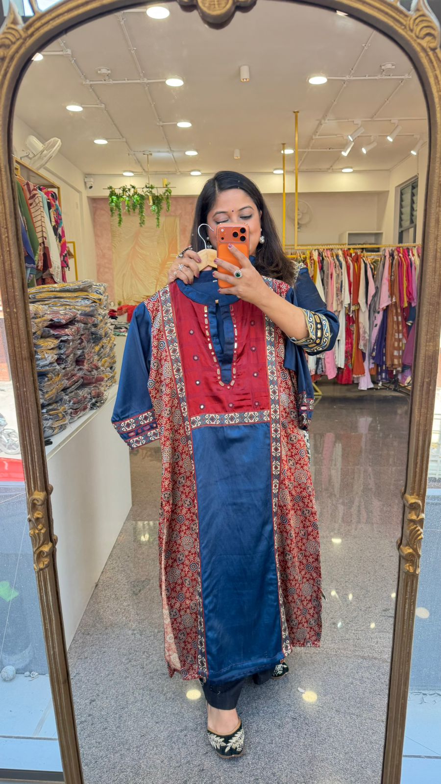 Premium gaji silk kurti in ajrakh in red n blue