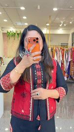 Premium Dabbu cotton kurta set with beautiful real mirror yoke paired with a plazzo pant and a jack in black