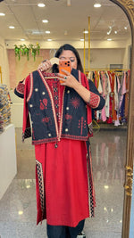 Premium Dabbu cotton kurta set with beautiful real mirror yoke paired with a plazzo pant and a jack in red