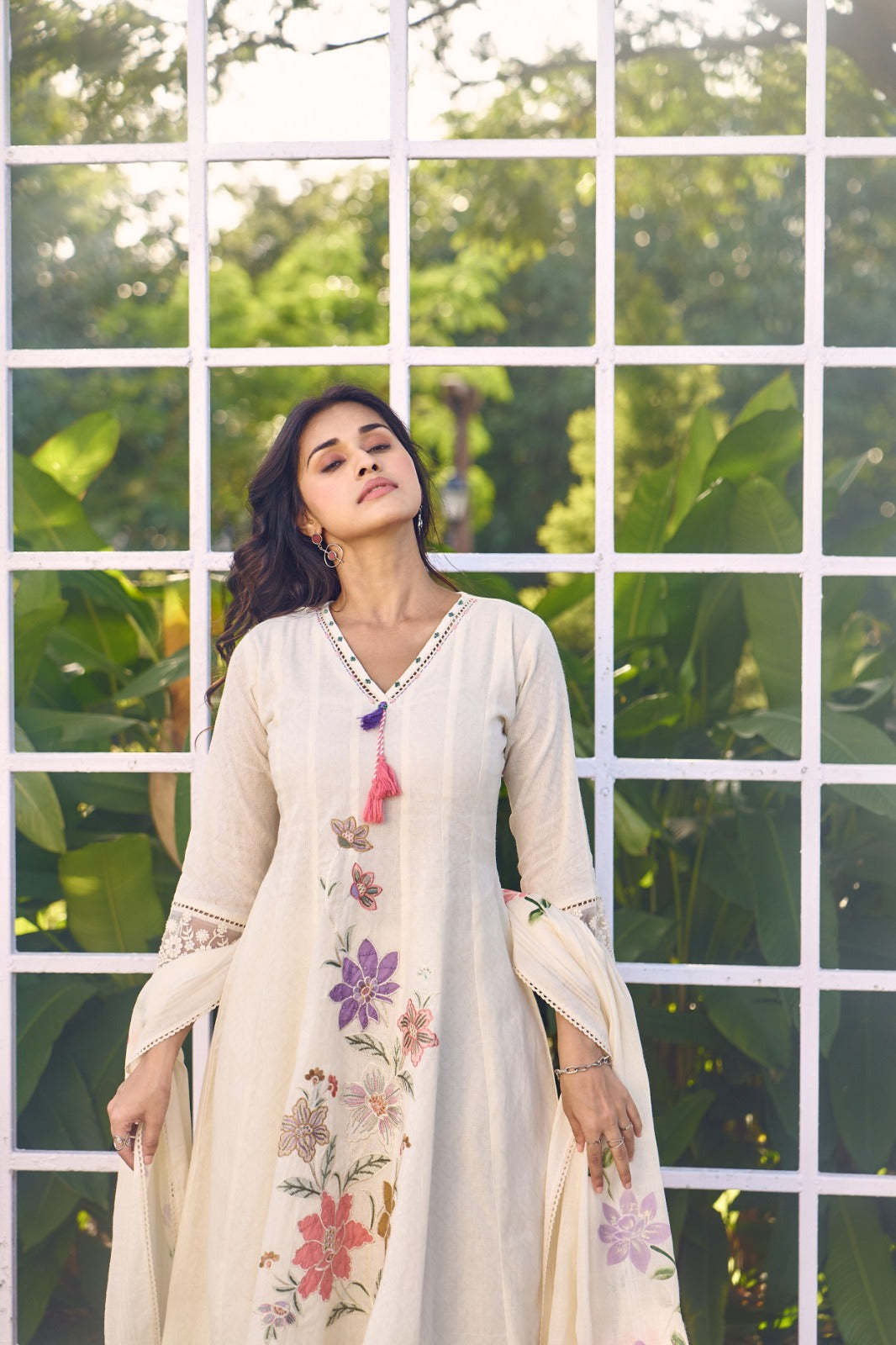 Premium cotton applique work suit set paired with brush painted dupatta. Plus size also available