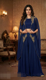 Pleated skirt premium chinon paired with a blouse and a cape with gorgeous hand work in blue