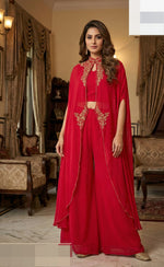 Pleated skirt premium chinon paired with a blouse and a cape with gorgeous hand work in Rani pink