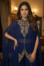 Pleated skirt premium chinon paired with a blouse and a cape with gorgeous hand work in blue