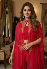 Pleated skirt premium chinon paired with a blouse and a cape with gorgeous hand work in Rani pink