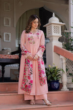 Premium cotton loose fitted suit set paired with floral dupatta in pink