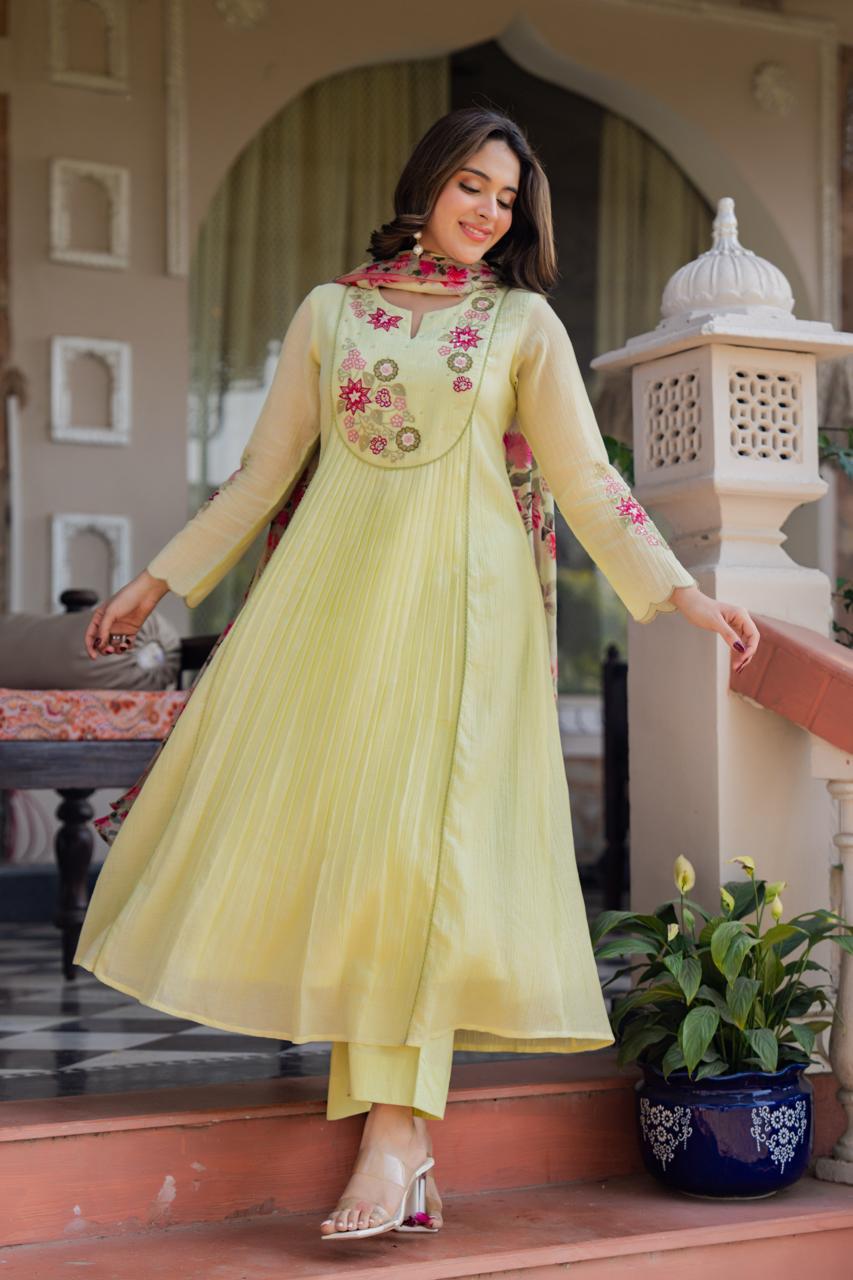 Premium cotton loose fitted suit set paired with floral dupatta in yellow