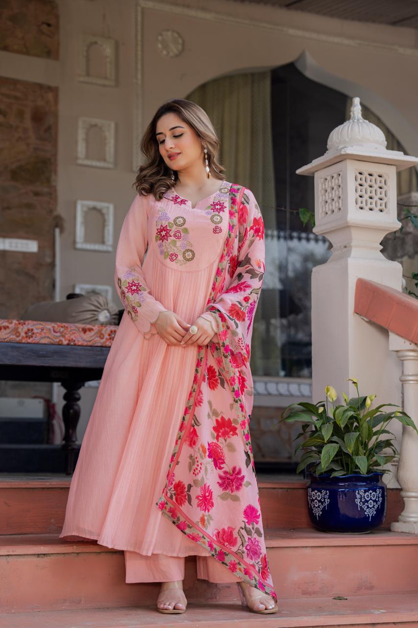 Premium cotton loose fitted suit set paired with floral dupatta in pink