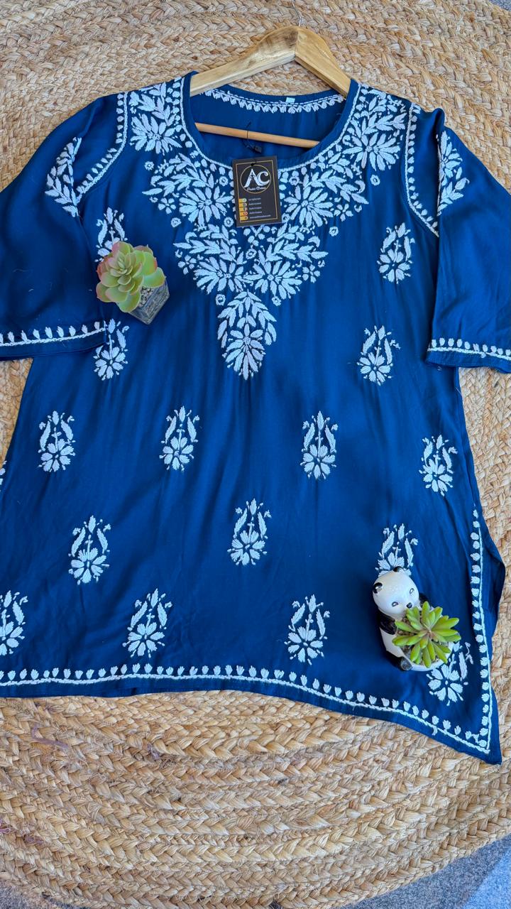 Heavy rayon chikankari short top in blue