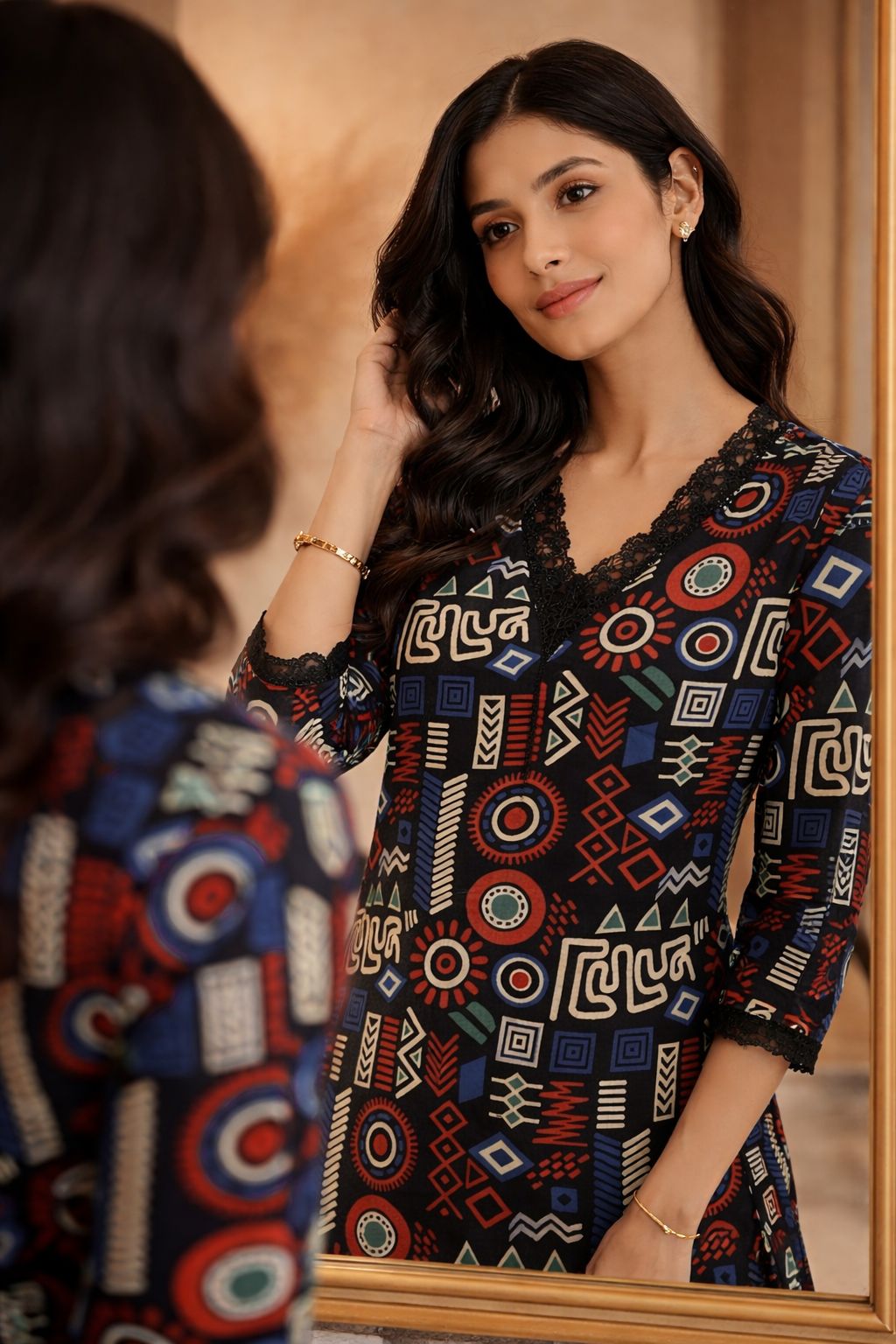 Super smart designer high n low ajrakh co ord set in black