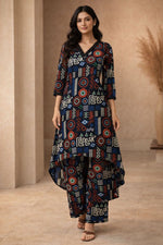 Super smart designer high n low ajrakh co ord set in black