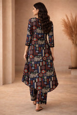 Super smart designer high n low ajrakh co ord set in black