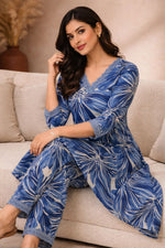 Super smart designer high n low ajrakh co ord set in blue
