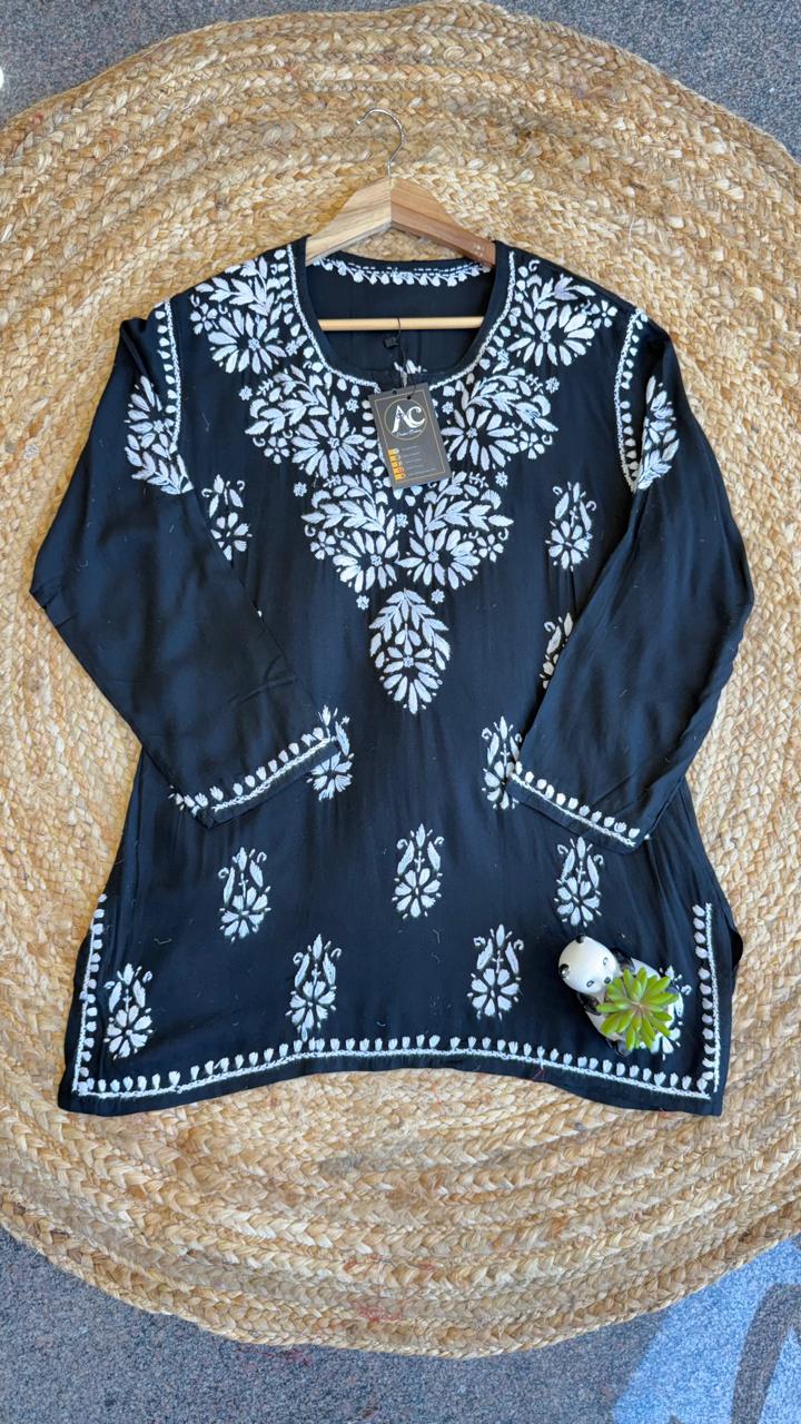 Heavy rayon chikankari short top in black