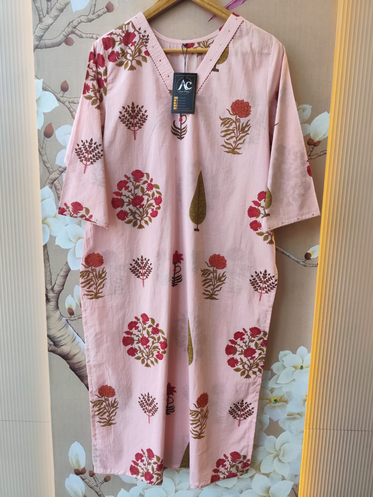 Pure cotton floral pink kurta
