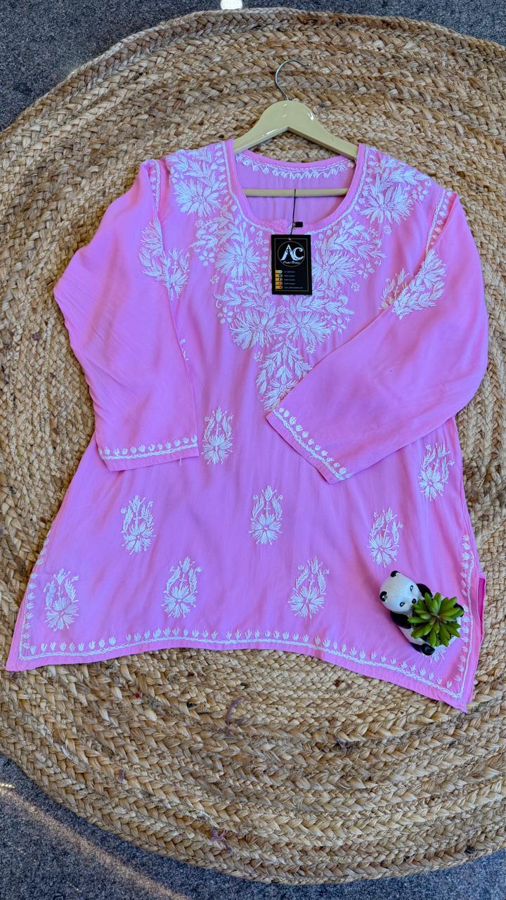 Heavy rayon chikankari short top in pink