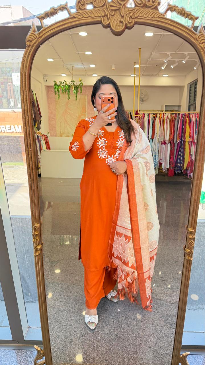 Smart slub cotton heavy embroidery yoke suit set paired with cotton silk dupatta in orange