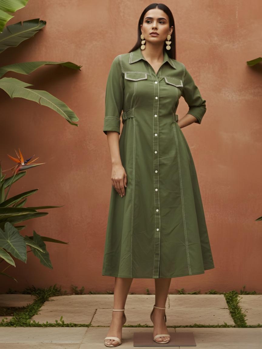 Smart cotton pearl detailing one piece in green