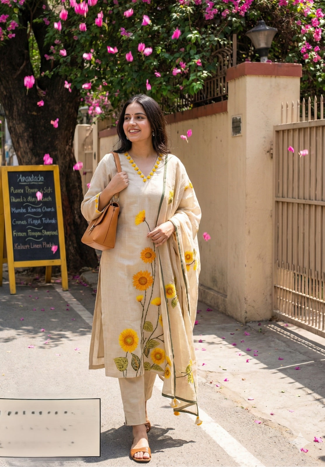 Smart linen chanderi githan work full suit set. Only yellow available