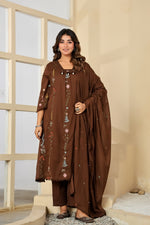 Premium Mul cotton embroidered cotton suit set in brown