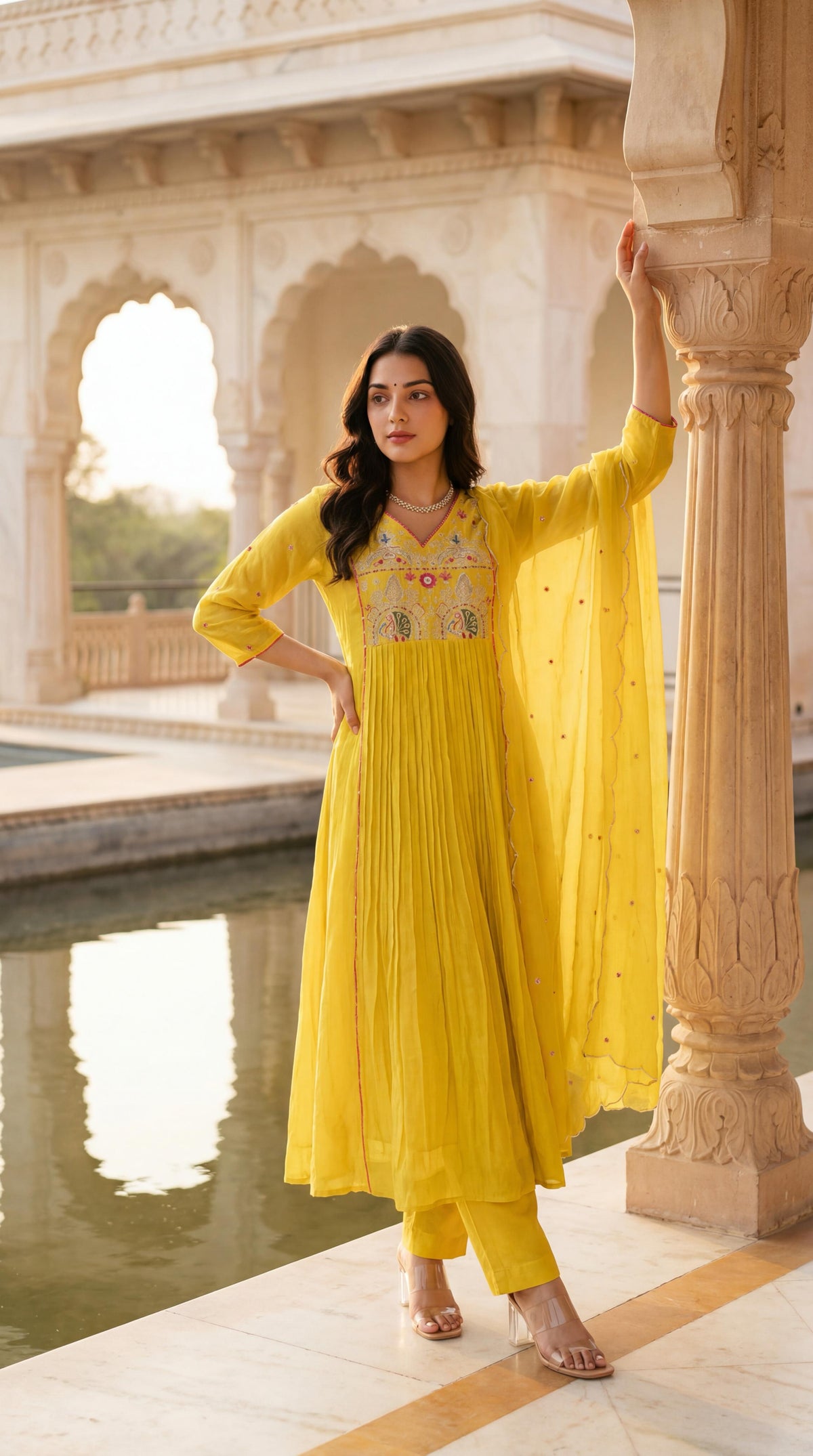 Premium Mul chanderi with zari detailing full suit set in yellow