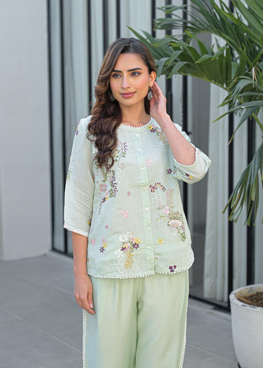 Restocked bestseller in new colour! Pretty Mul chanderi embroidered mint green co ord set