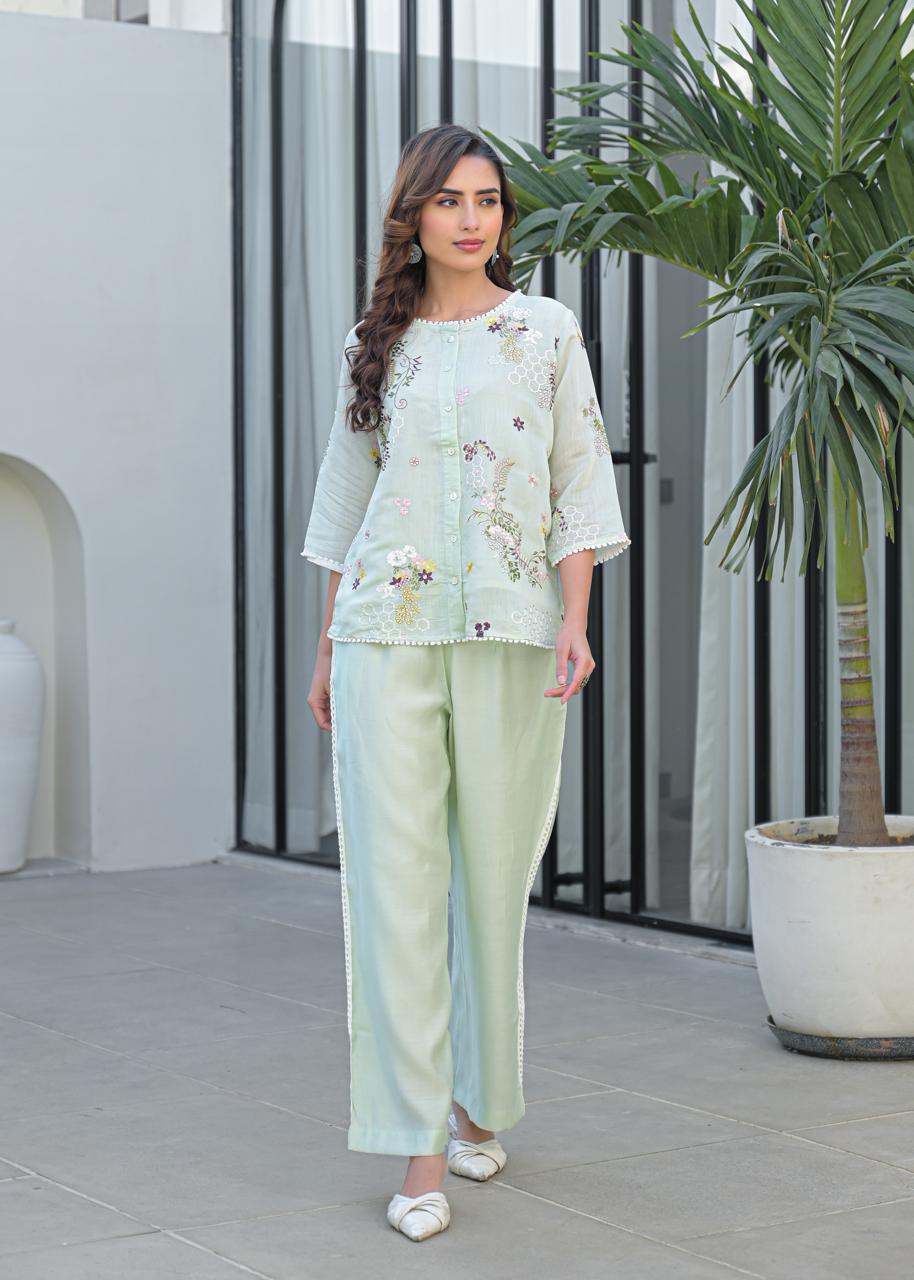 Restocked bestseller in new colour! Pretty Mul chanderi embroidered mint green co ord set