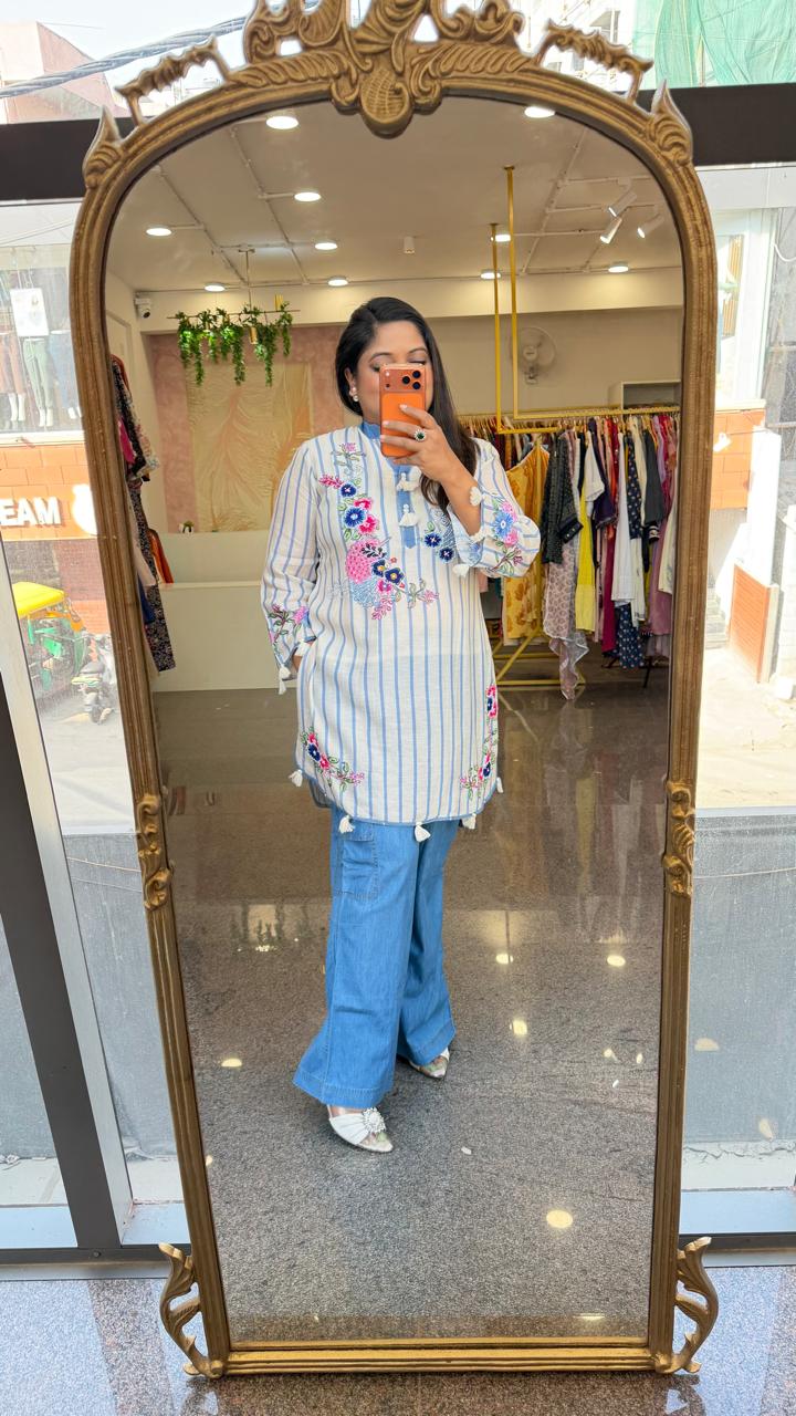 Restocked !! Premium denim cotton baggy pants paired with organic cotton digital printed and embellished flower co ord set