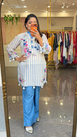 Restocked !! Premium denim cotton baggy pants paired with organic cotton digital printed and embellished flower co ord set