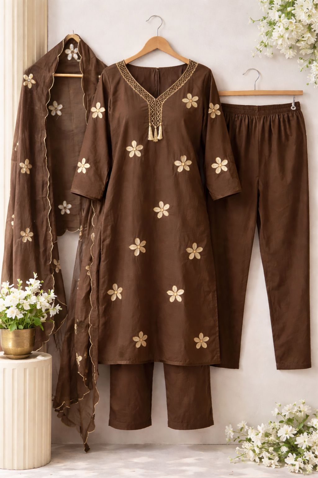 Pure cotton applique work cotton full suit set