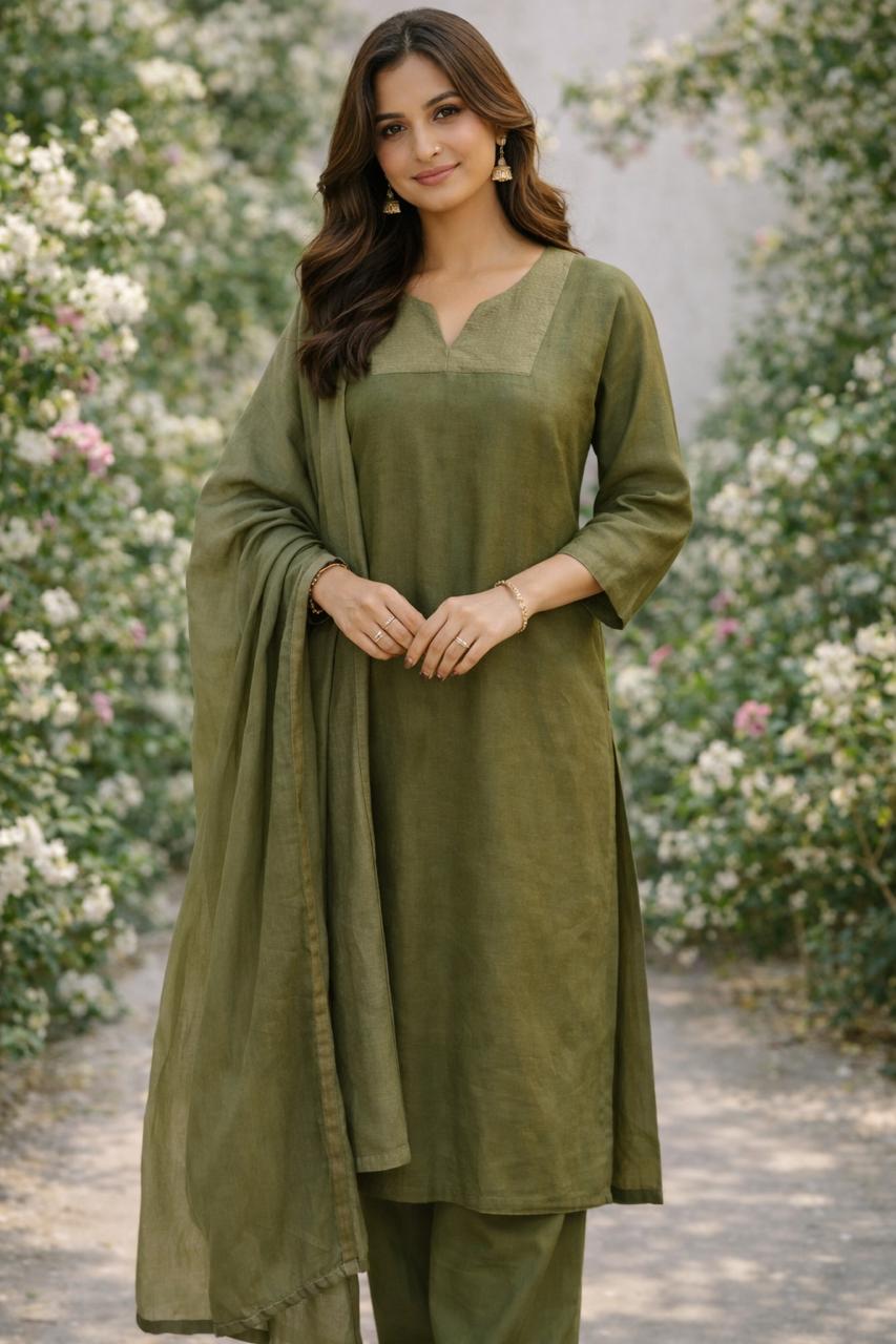 Pretty Mul chanderi tissue panel suit set in olive green