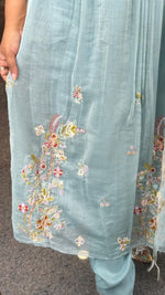 Ice blue full embroidery and pearl detailing Mul chanderi suit set