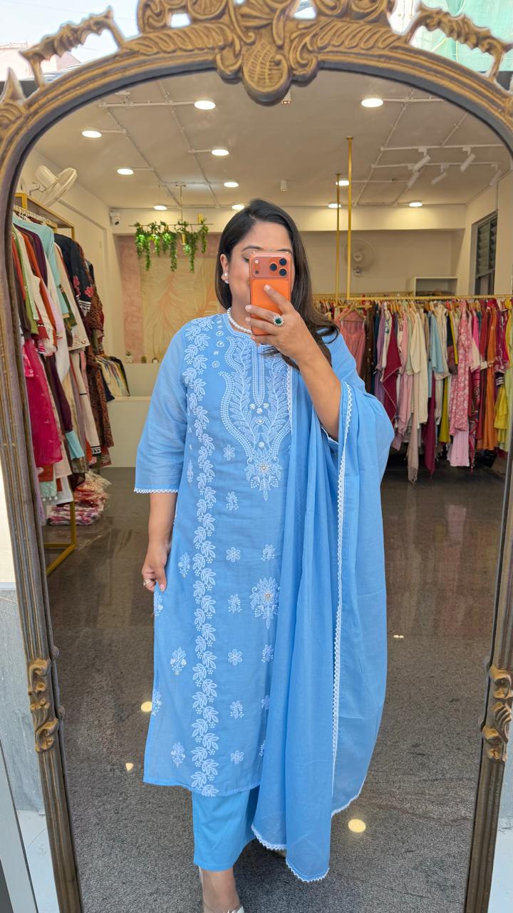 Pure mul cotton chikankari powder blue suit set