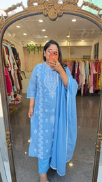 Pure mul cotton chikankari powder blue suit set