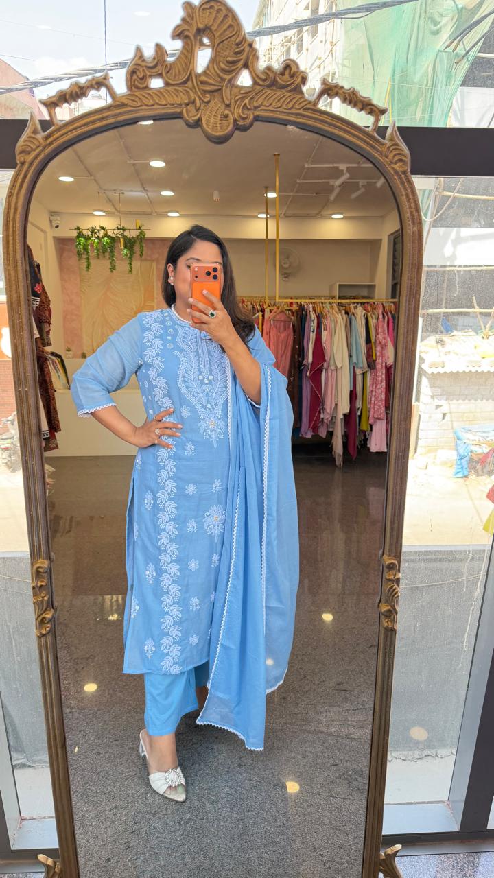 Pure mul cotton chikankari powder blue suit set