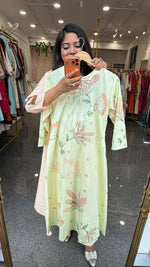 Premium cotton front n back digital print A line kurta paired with shantoon pant in mint green