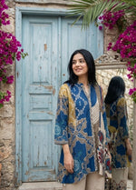 Pretty crepe silk digital co ord set in cream n blue