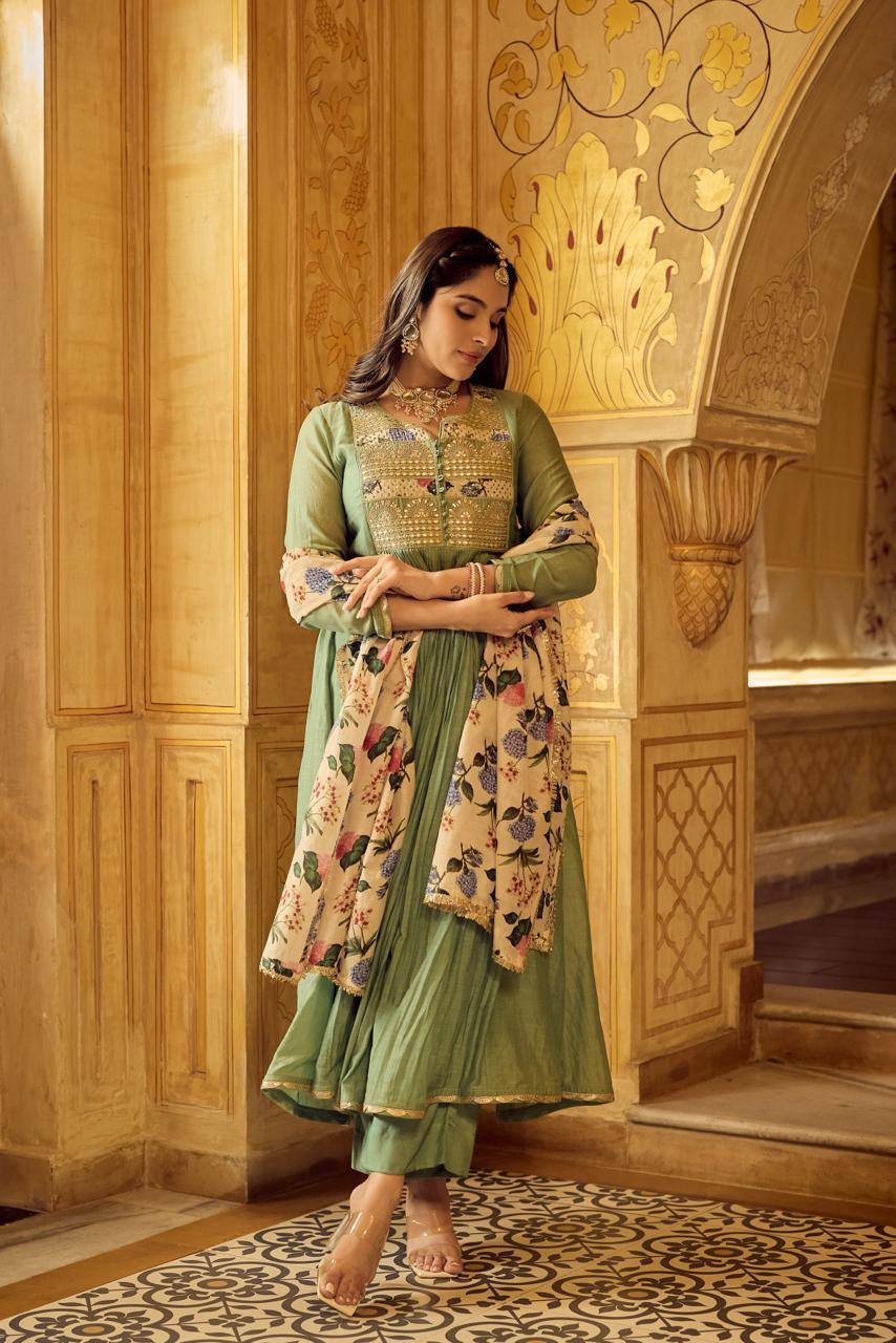 Pure Mul chanderi with heavy hand work green suit set !