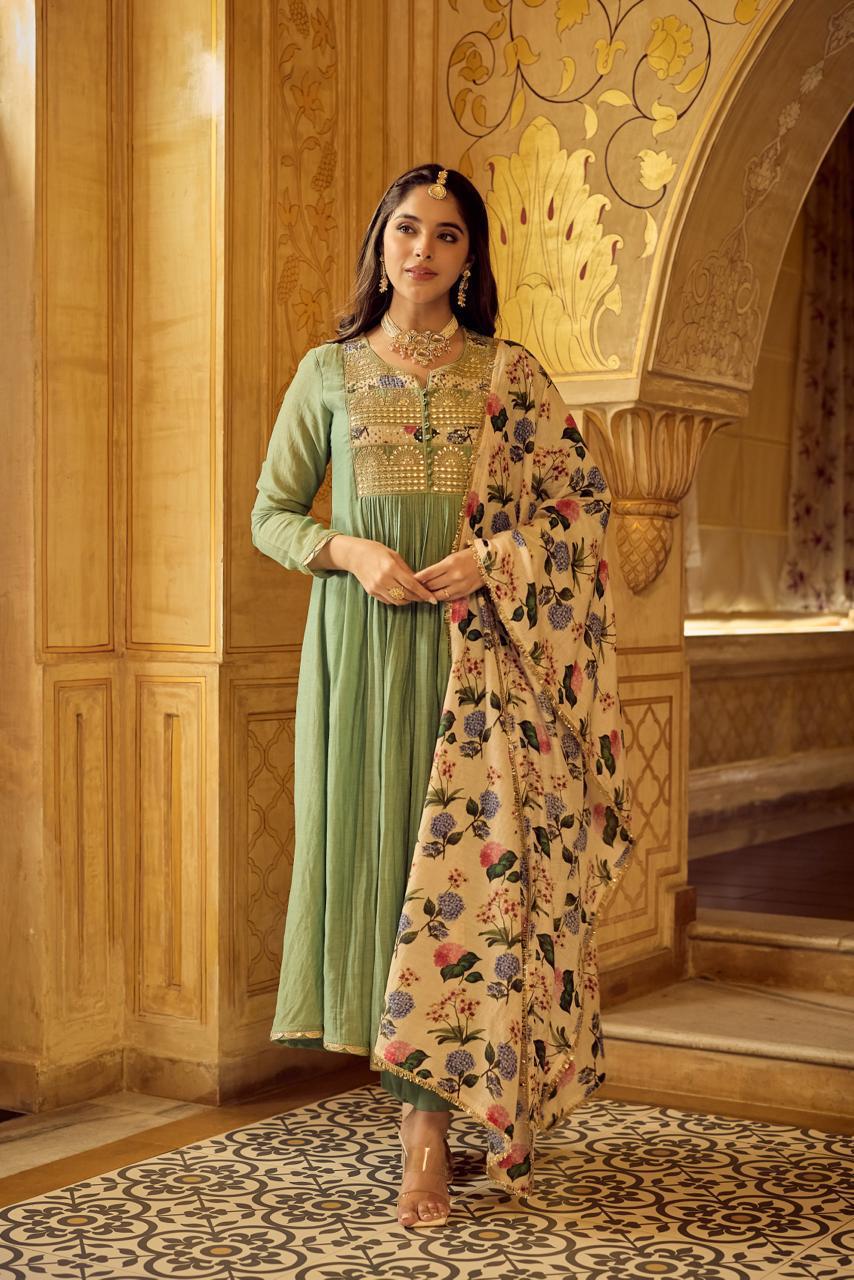 Pure Mul chanderi with heavy hand work green suit set !
