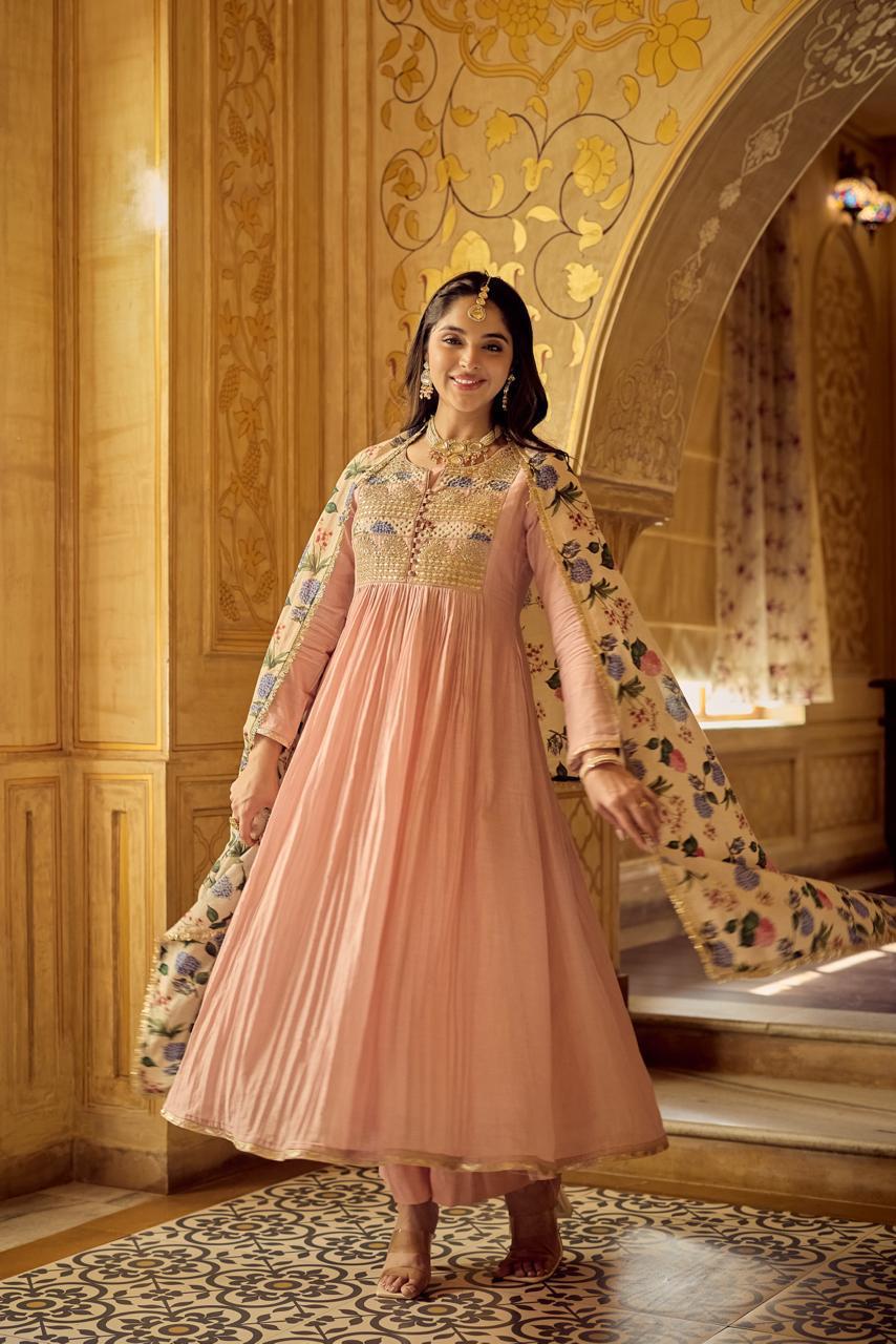 Pure Mul chanderi with heavy hand work pink suit set