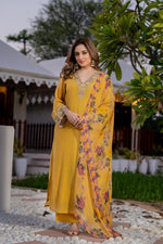 Stylish crush cotton designer suit set in yellow paired with a Kalamkari dupatta